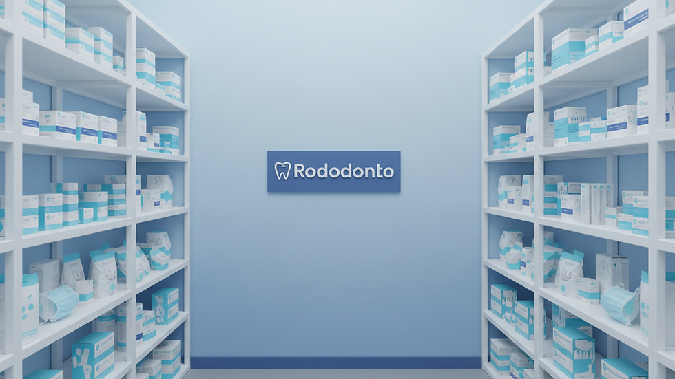 Eye-level view of a dental supply warehouse with shelves full of consumables