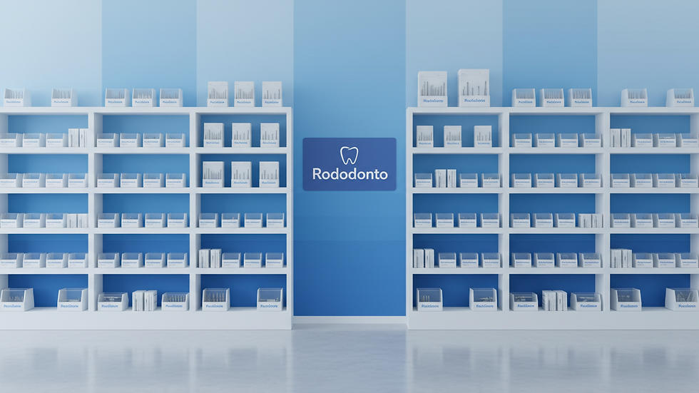 Eye-level view of a dental supply warehouse with organized shelves