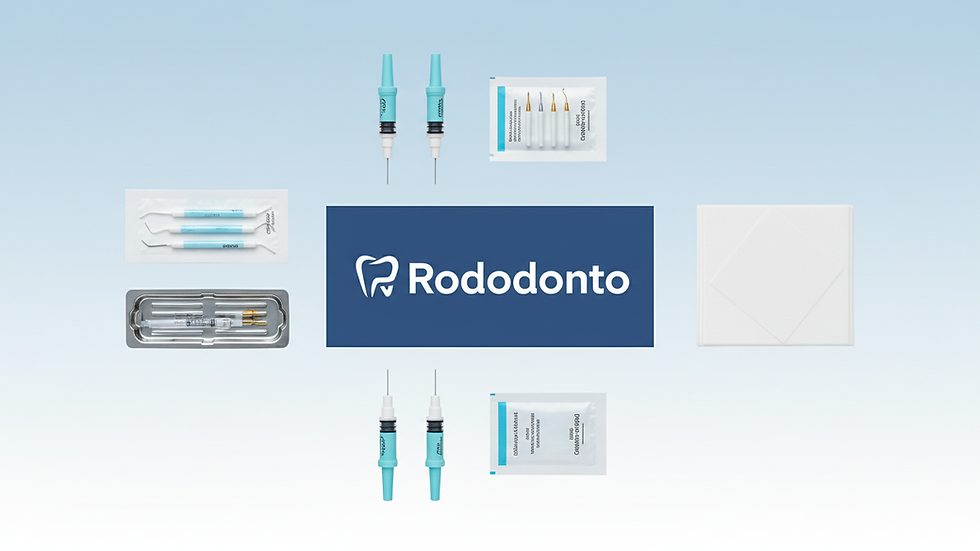 Close-up view of dental consumables neatly arranged on a white surface