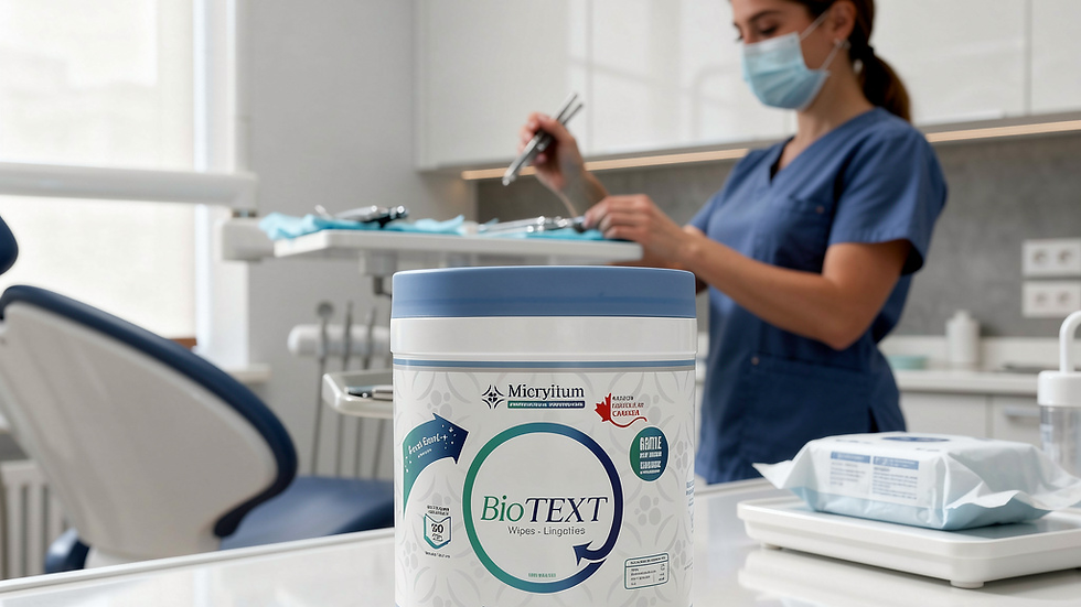 High angle view of a dental sterilization area with wipes and instruments