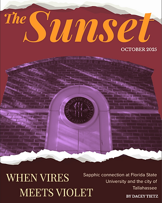 A magazine cover with the Florida State University crest cast in purple light. The publication reads "The Sunset" and the article title reads "When Vires Meets Violet".
