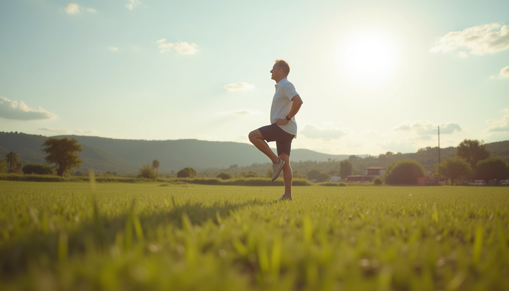 High angle view of a middle-aged person performing a single-leg balance exercise outdoors