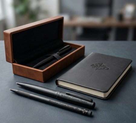 Custom laser engraving services for notebooks and pens.