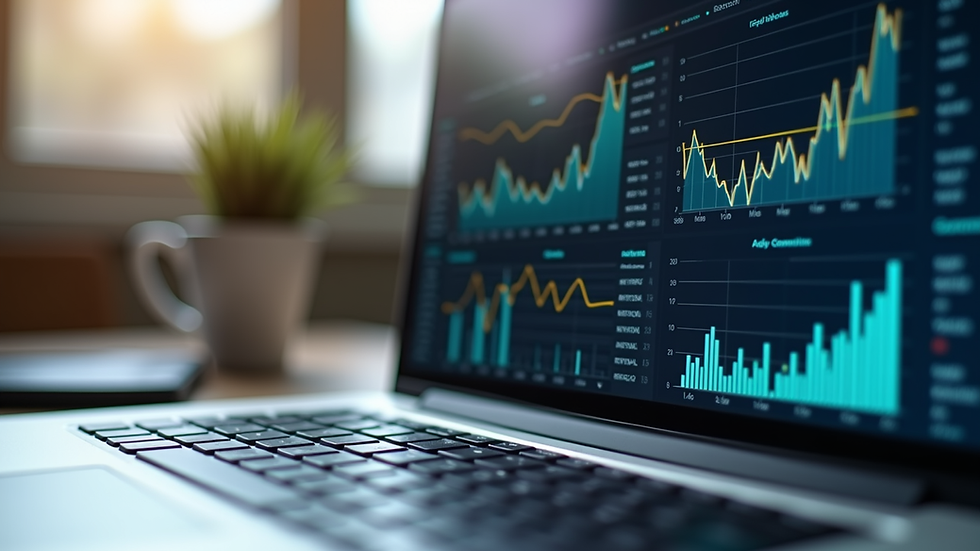 Eye-level view of a laptop screen showing business charts and graphs