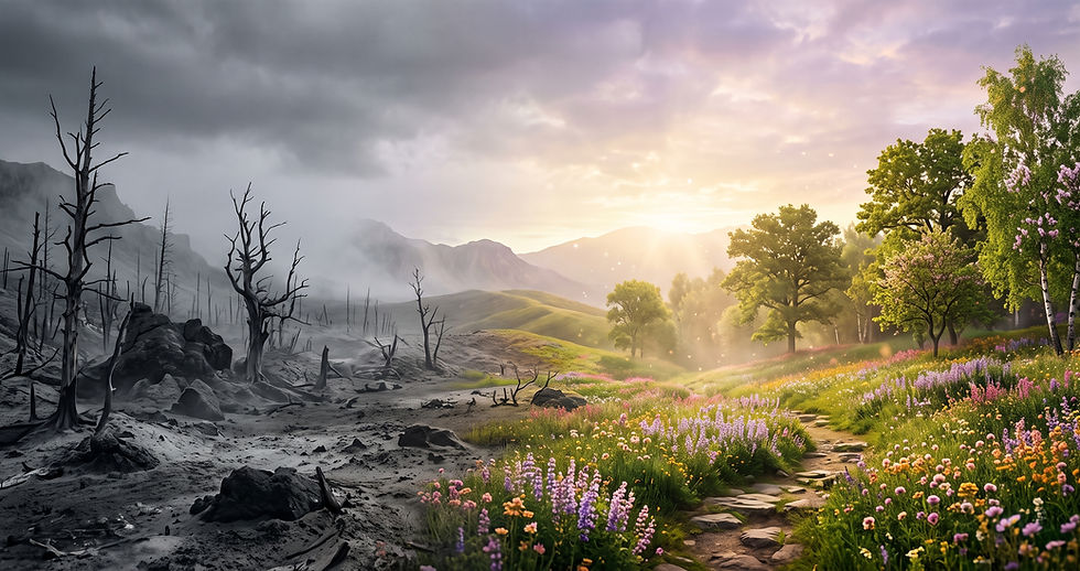 Eine Landschaft, die von einer grauen, kahlen Welt in ein blühendes farbenfrohes Paradies übergeht — Symbol für den Weg aus dem Mangelbewusstsein in die Fülle.