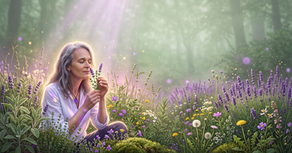 Frau in weißer Bluse sitzt versunken in einer Frühlingswiese voller Lavendel und riecht an einem Kräuterzweig — Symbolbild für das alte Heilwissen der Kräutermedizin.