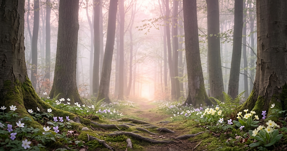 Mystischer Frühlingswaldweg mit goldenem Licht am Ende — Symbol für den spirituellen Weg