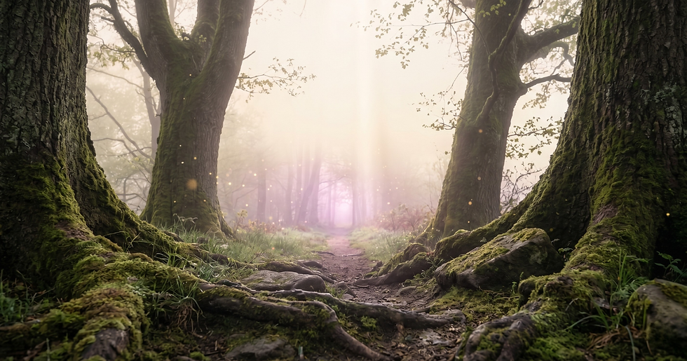 Mystischer Frühlingswald im Morgenlicht — ein schmaler Weg führt aus der Froschperspektive in ein weiches violett-goldenes Licht, umgeben von moosbedeckten Wurzeln und Waldbäumen — Symbol für göttliche Schöpferkraft aktivieren und den Weg nach innen.