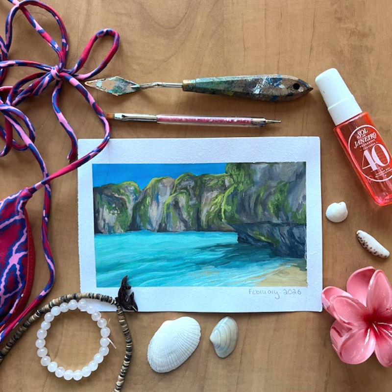 A painting of the ocean and highlight objects from February