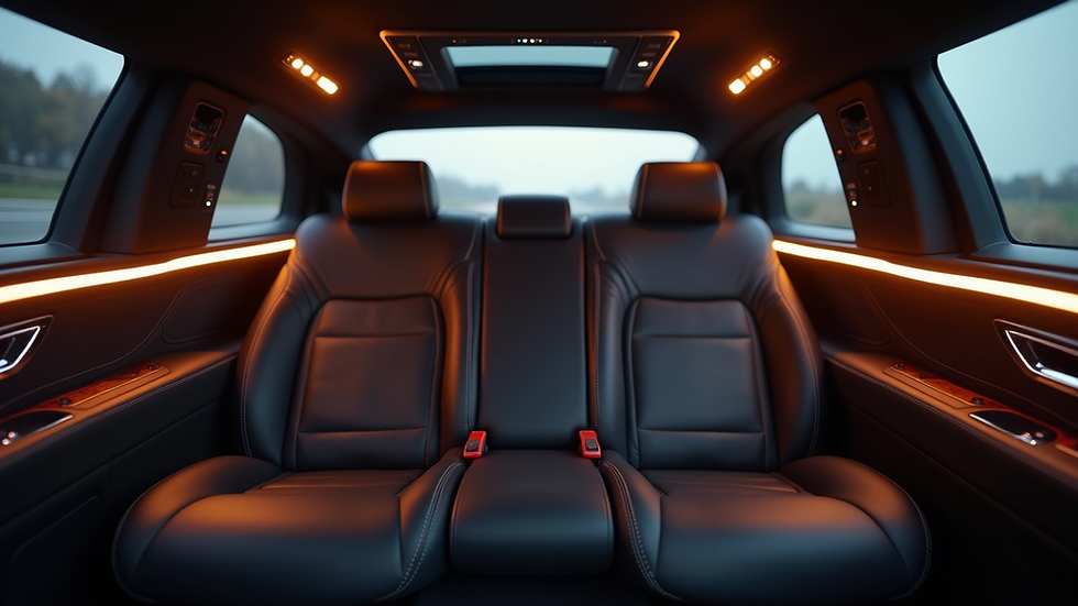 Close-up view of a luxury limousine interior with leather seats and ambient lighting