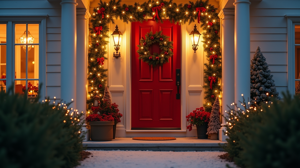 Close-up view of a cheerful home entrance decorated for the holidays