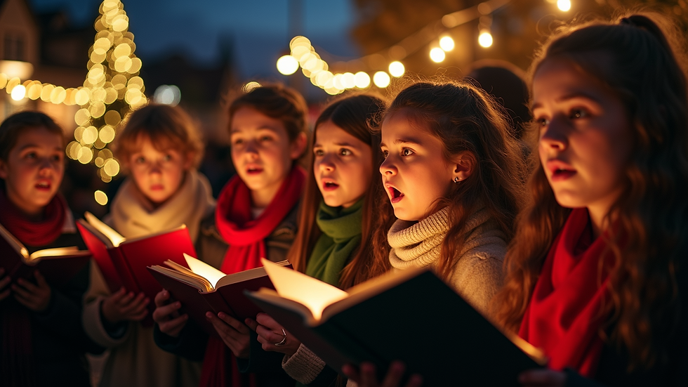 Eye-level view of a community caroling event in a festive setting