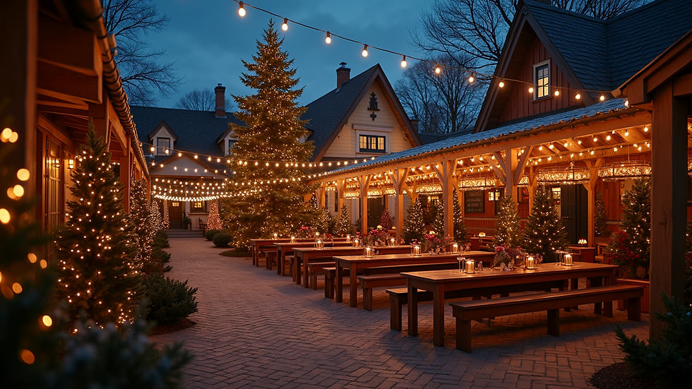 High angle view of a decorated outdoor venue ready for a Christmas caroling event