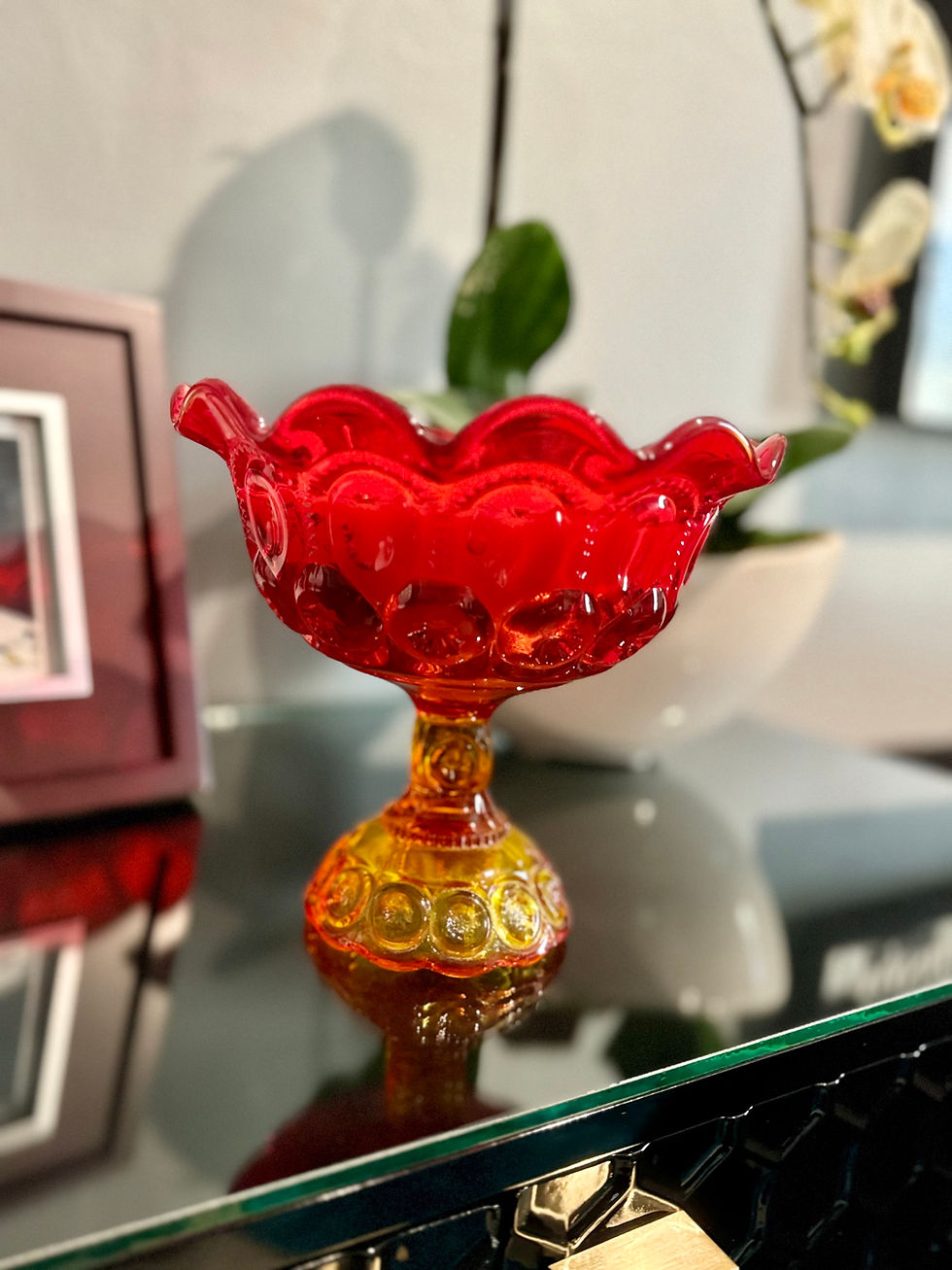 Thumbnail: vintage glass candle le smith amberina pedestal compote
