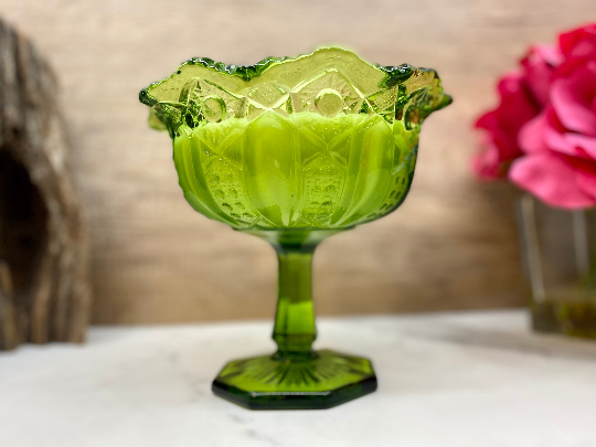 Thumbnail: Vintage LE Smith glass pedestal dish filled with highly scented soy candle by Decor and Wicks candle shop. 