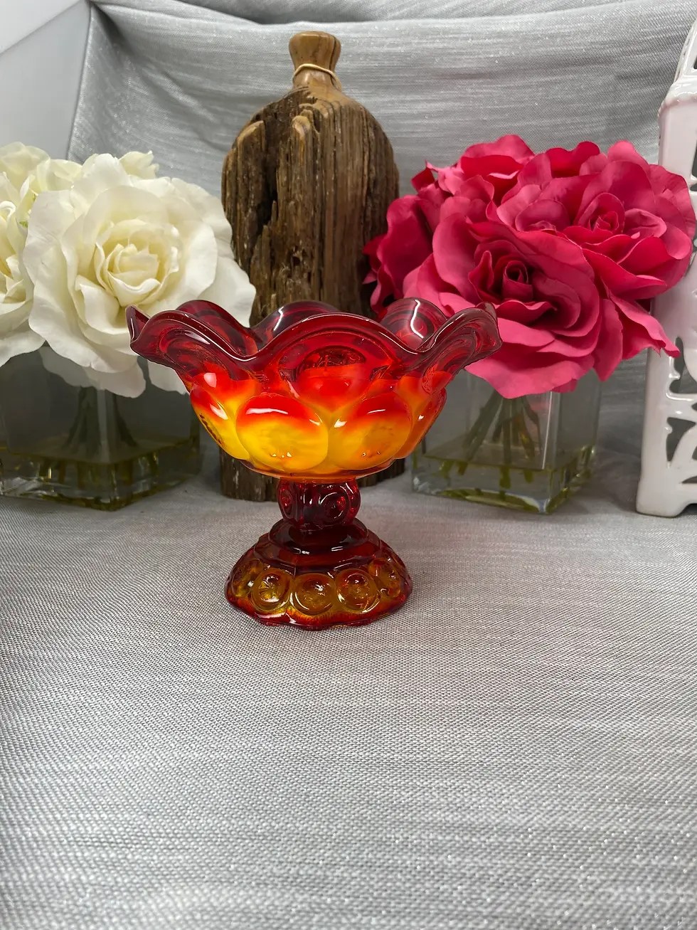 Thumbnail: Decor and Wicks vintage soy candle in LE Smith Amberina Moon and Stars ruffled compote