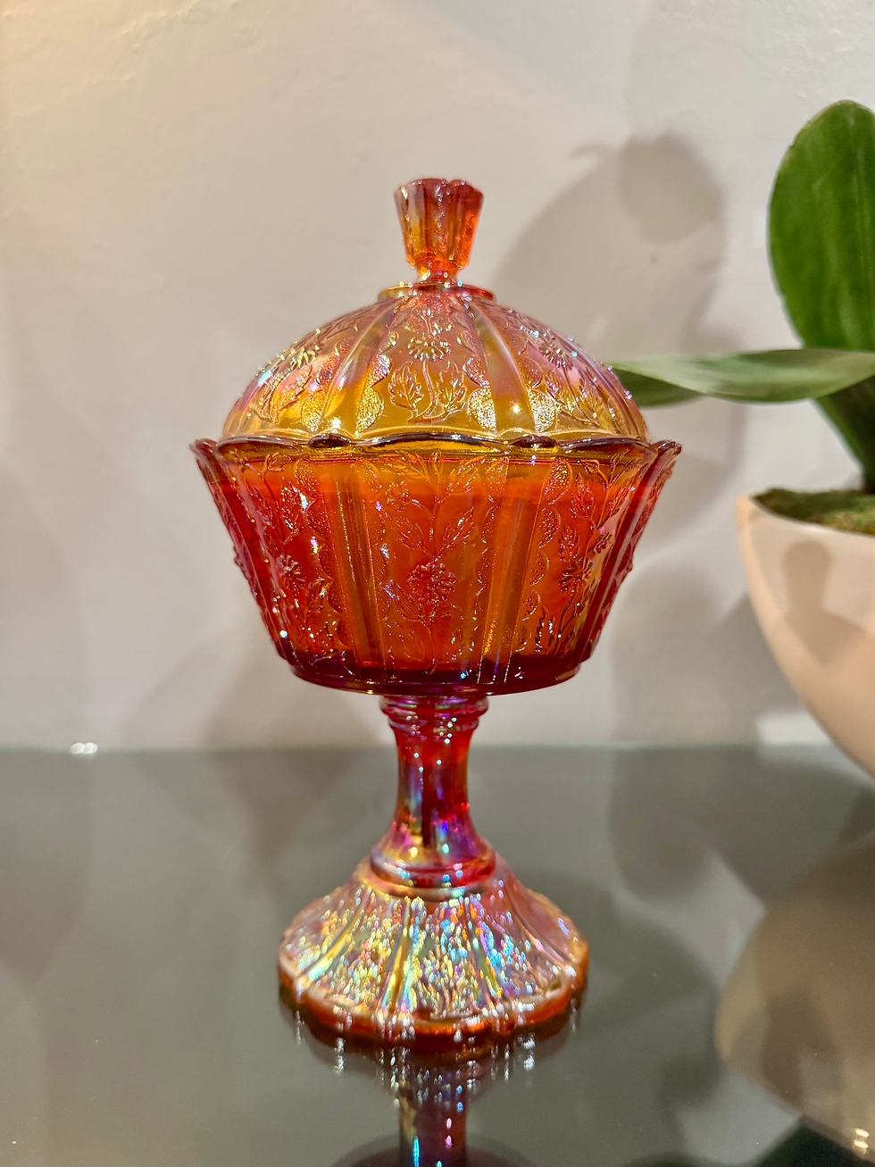 vintage marigold carnival glass filled soy candle