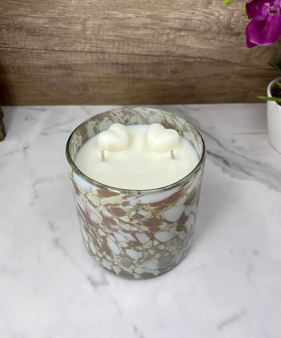 Thumbnail: Decor and Wicks premium highly scented soy candles in handblown Mexican spotted glass