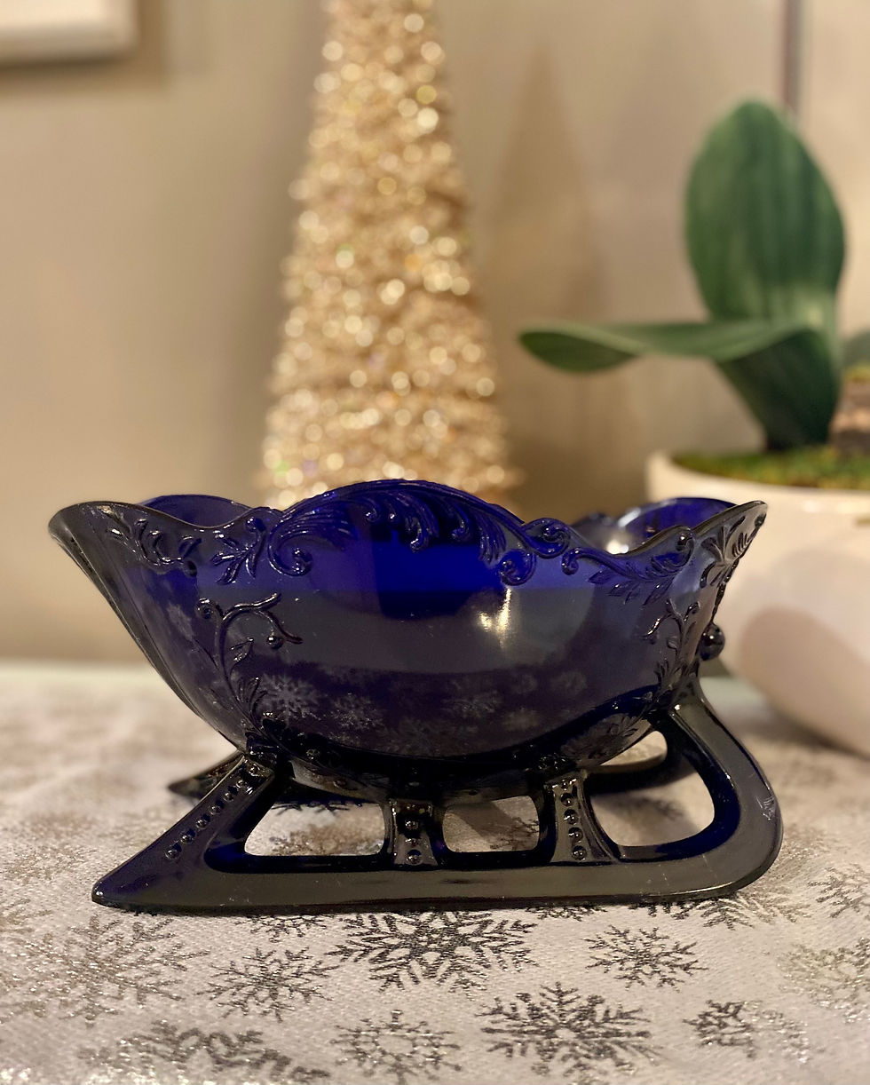 Thumbnail: cobalt blue glass sleigh candle