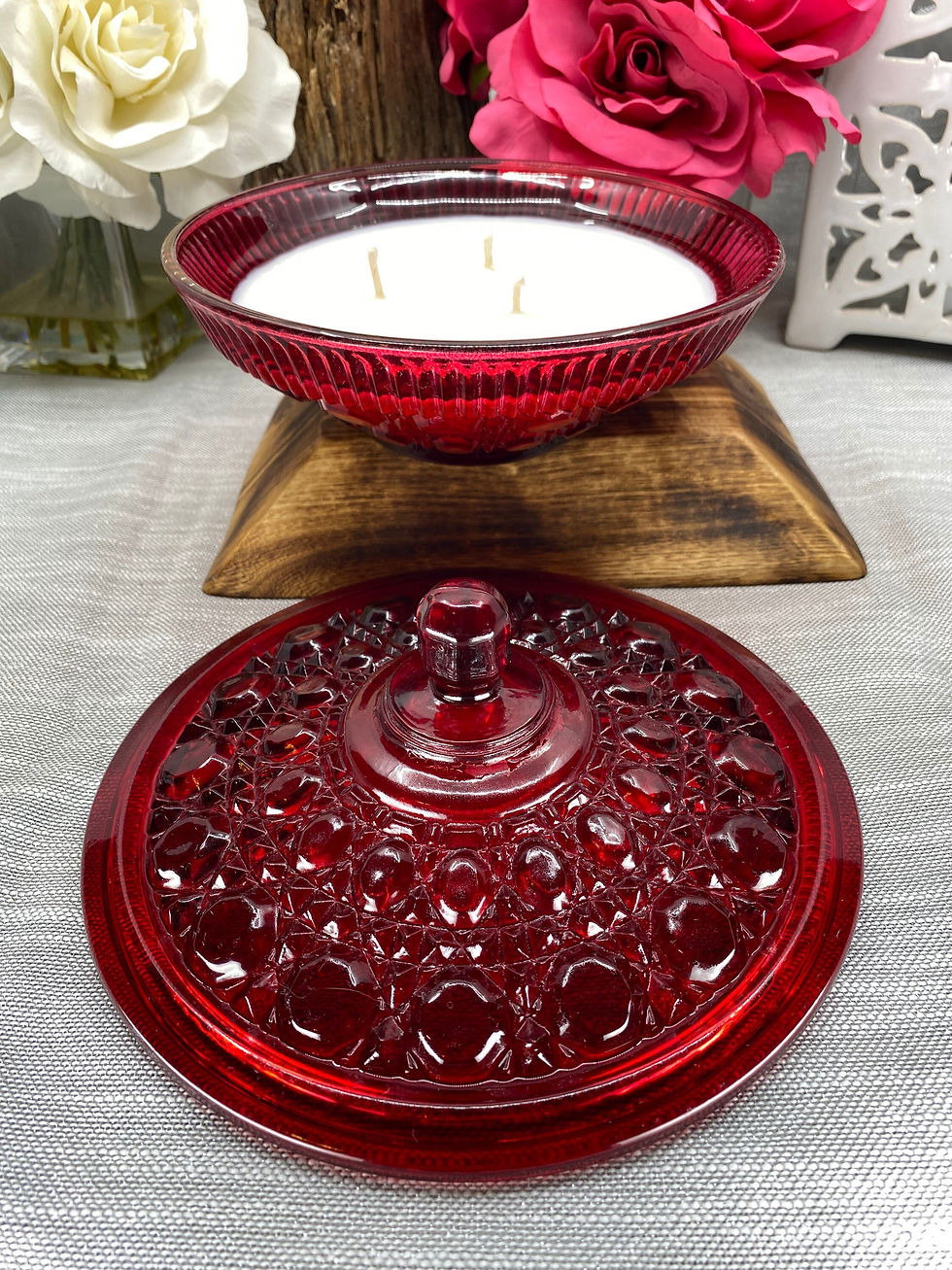 Thumbnail: red vintage glass candy dish with lid Indiana glass jeweled bowl