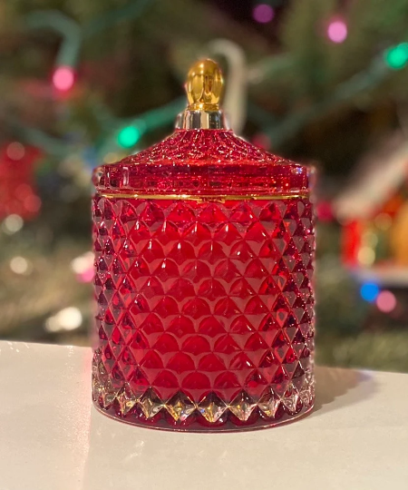 Thumbnail: Decor and Wicks candle shop signature candle.  Highly scented pthatlate free all natural soy candle for home decor.  Red French cut apothecary glass candle. 