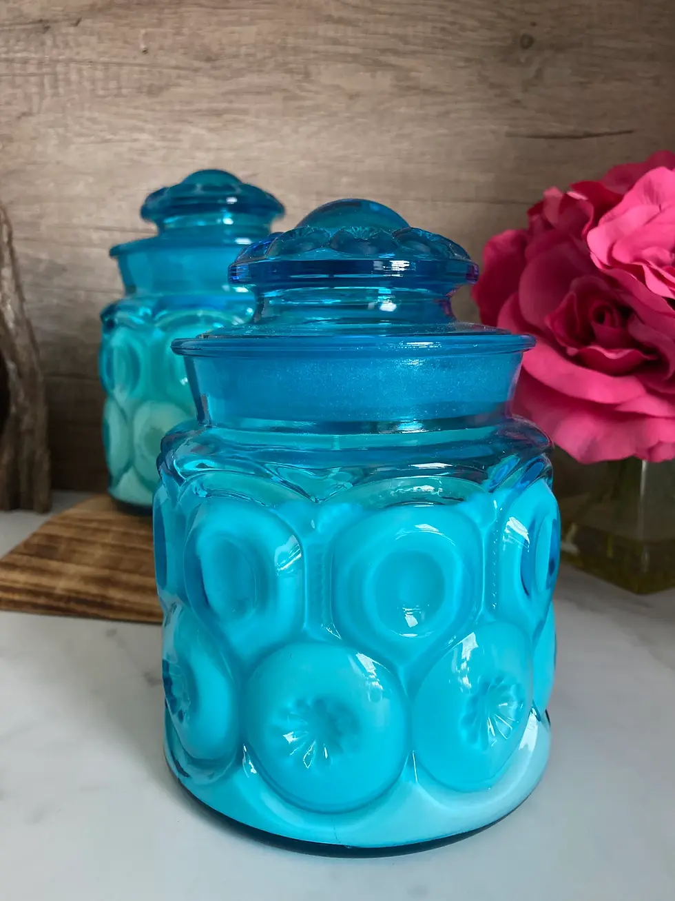 Thumbnail: blue vintage canister glass candle gift for MCM midcentury modern home decor home fragrancee