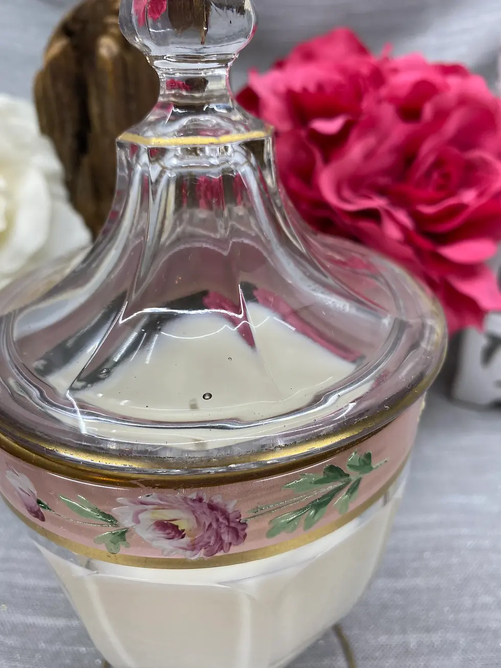 Thumbnail: depression glass candy dish filled soy candle