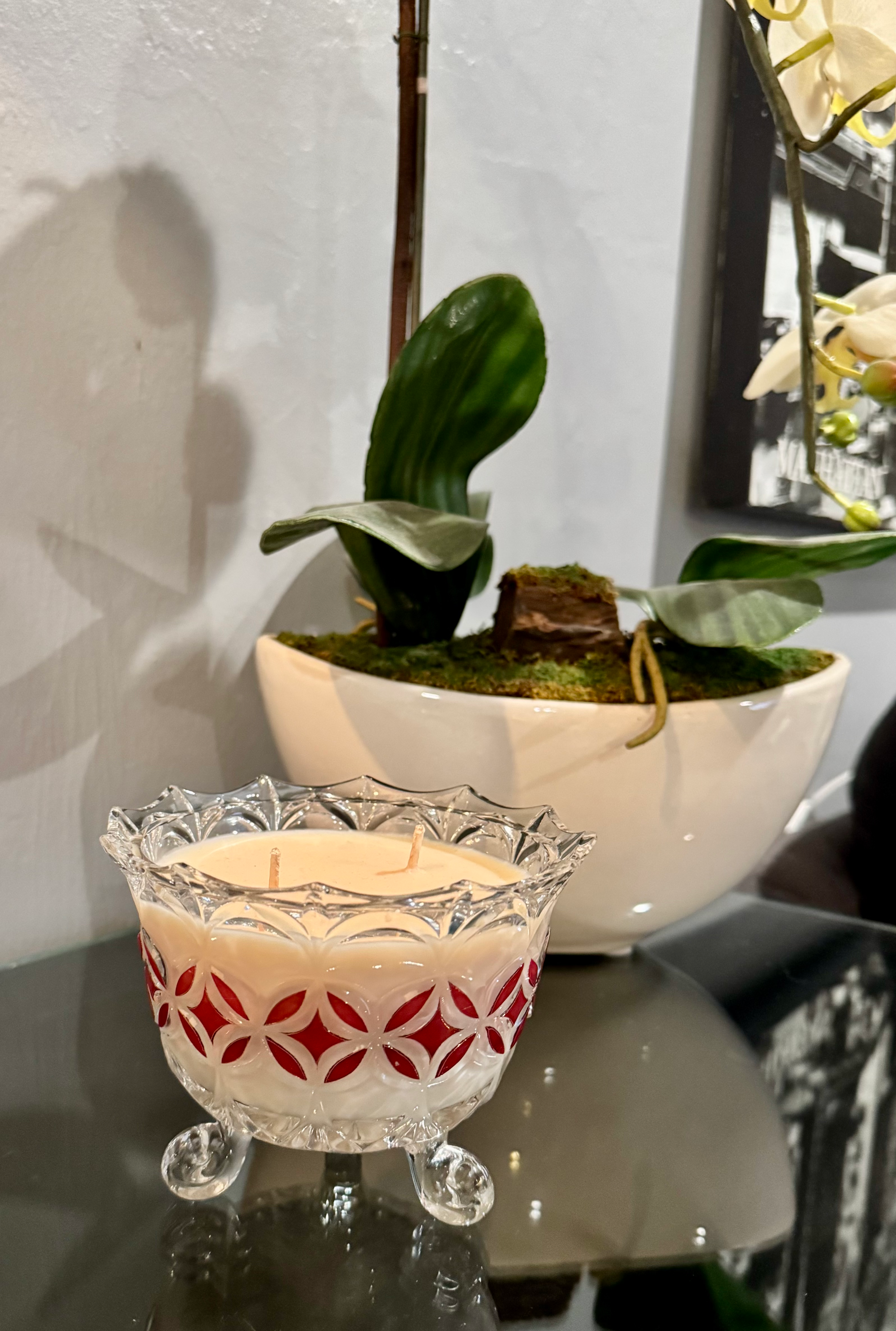 vintage ruby red painted candy dish filled scented soy candle