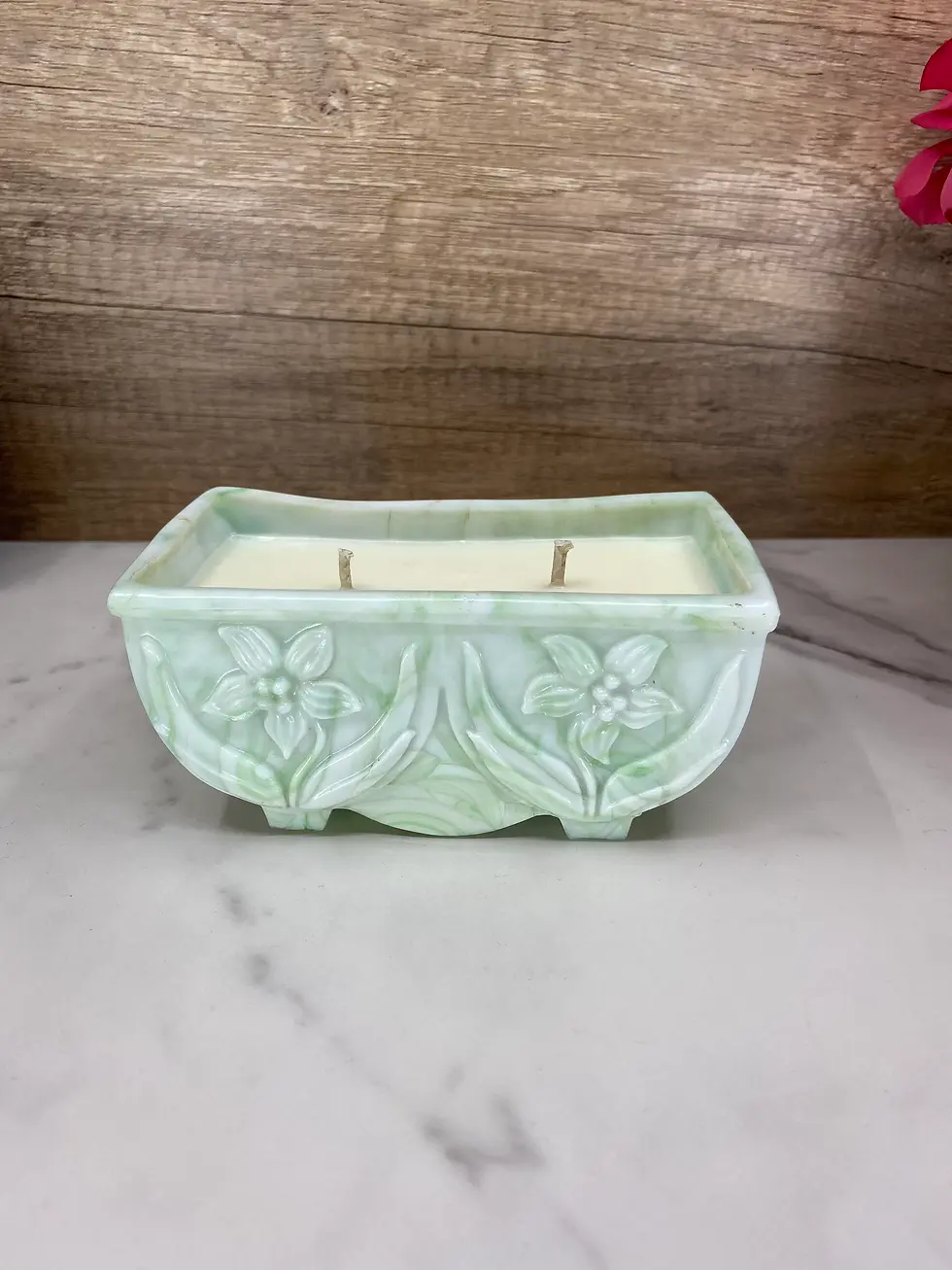 Thumbnail: Vintage Akro Agate green and white slag glass planter #657 DecorandWicks highly scented soy candle