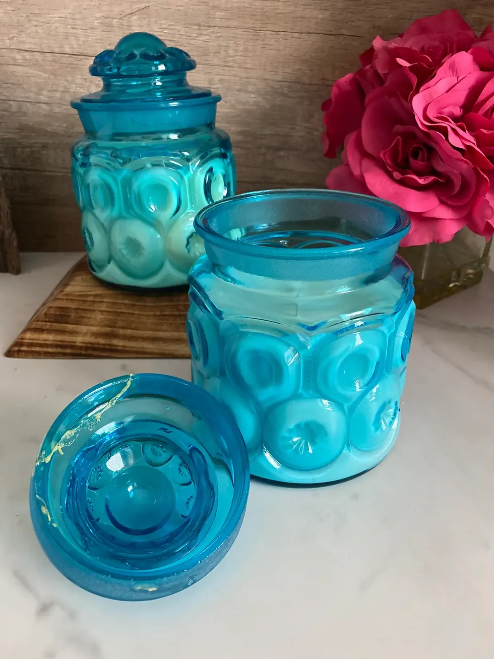 Thumbnail: vintage blue moon and stars canisters by LE Smith
