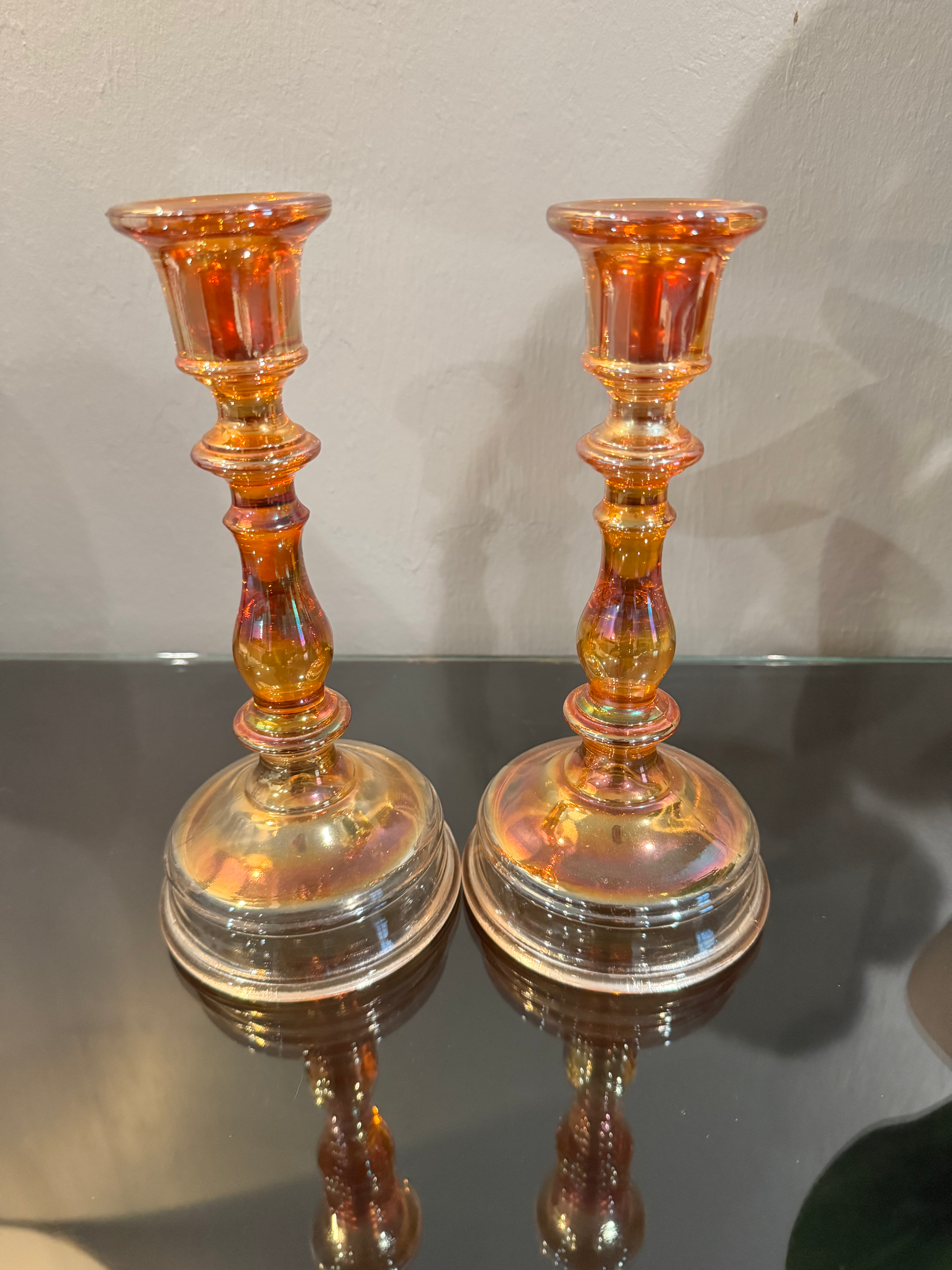 vintage marigold carnival glass candle sticks midcentury modern home decor
