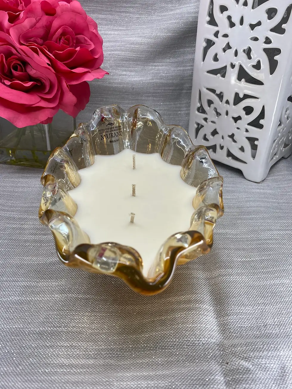 Thumbnail: Murano Italian crystal golden colored oval bowl filled with hand poured scented soy candle by DecorandWicks candles