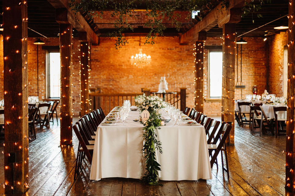Elegant wedding reception in rustic brick venue