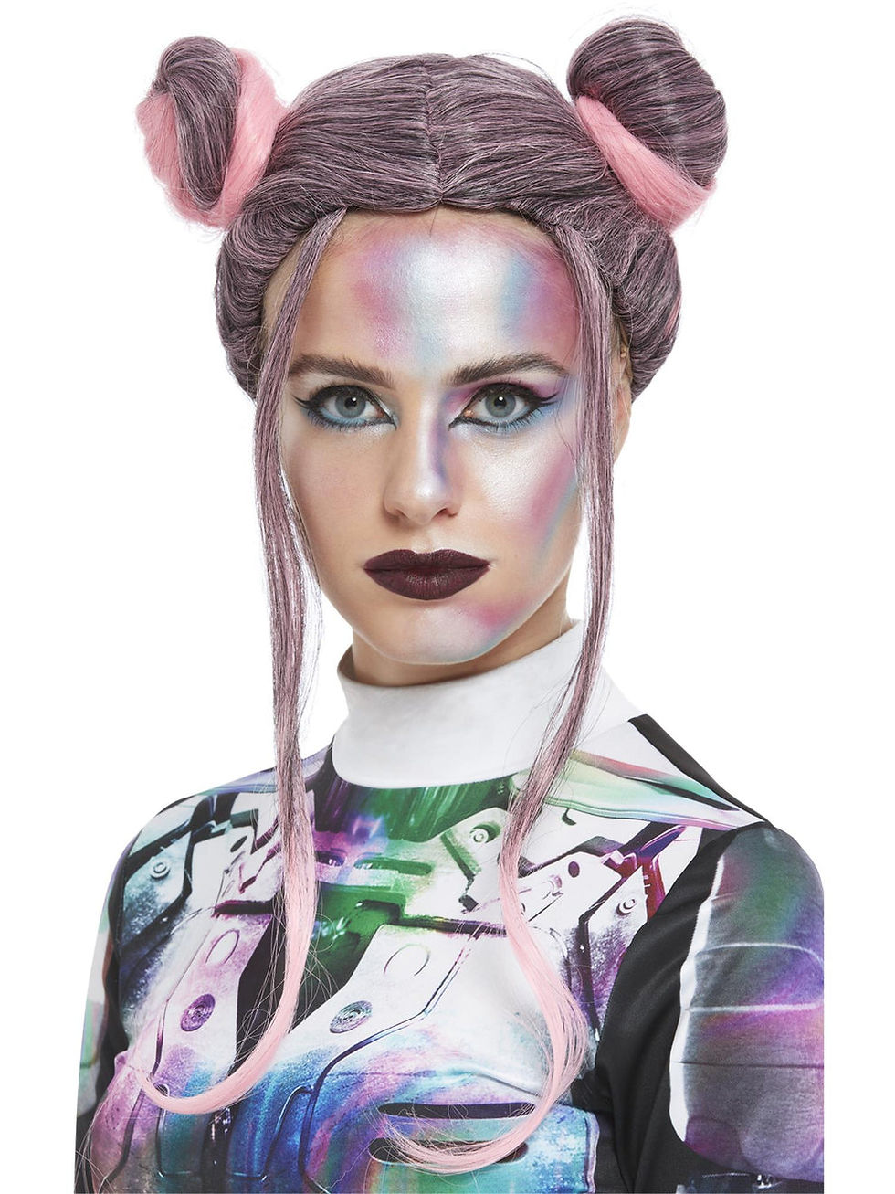 Pink and Black wig with centre part and bun on either side. Long tendrils hanging from front