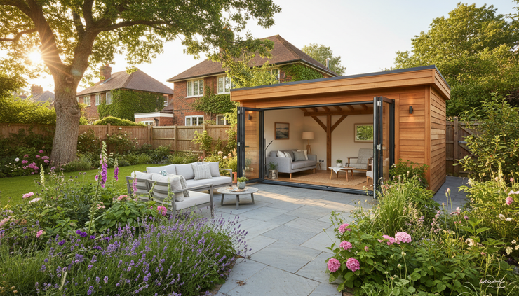 Wide-angle view of a modern timber garden room beside a sunny patio