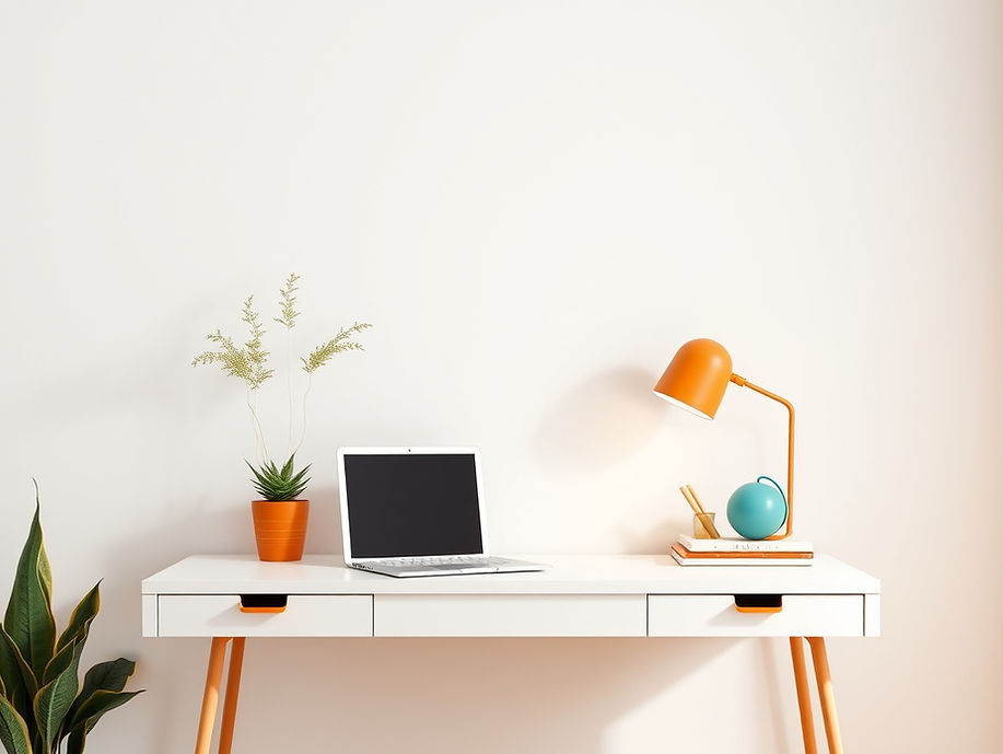 simple desk with minimal orange and teal accents.jpg