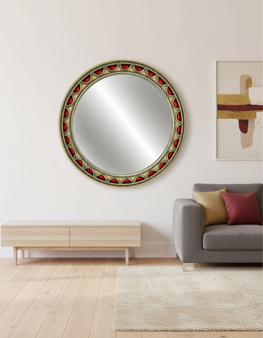 Decorative Round Wall Mirror with Gold and Red Ornate Frame
