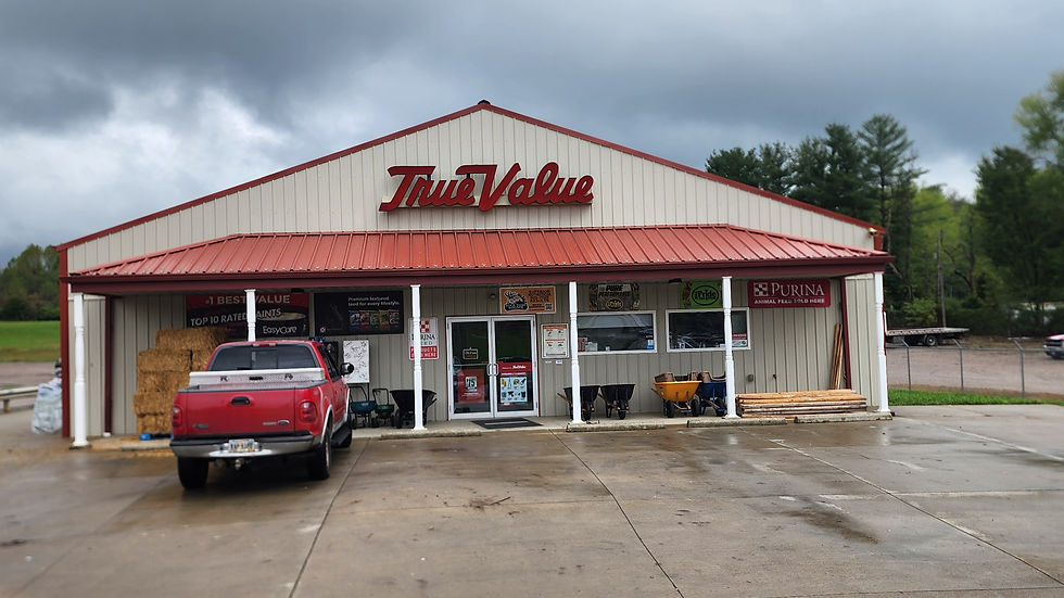 Eye-level view of a hardware store aisle filled with tools and supplies