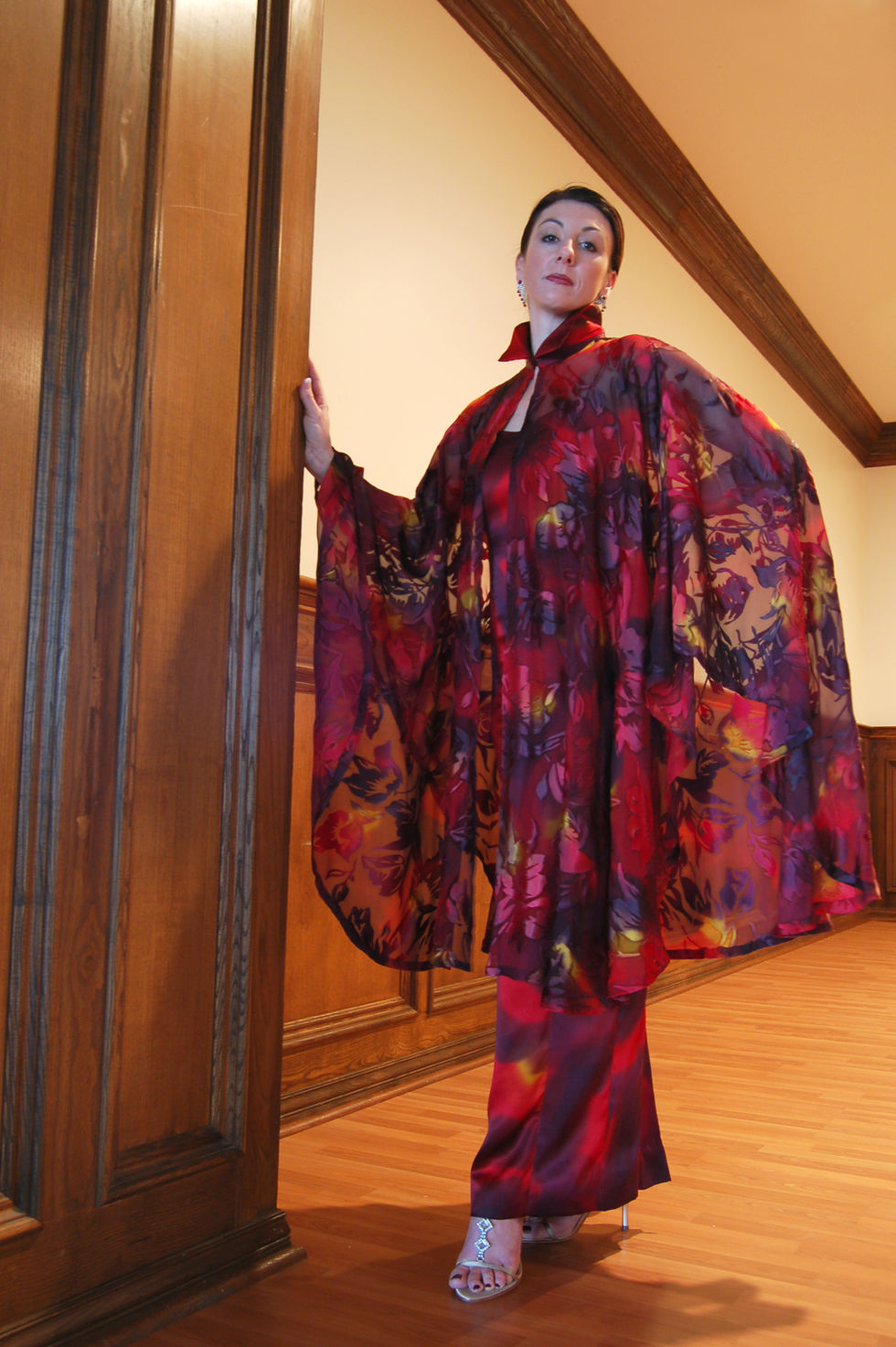 Hand Painted Silk Chiffon Cape and Silk Dress