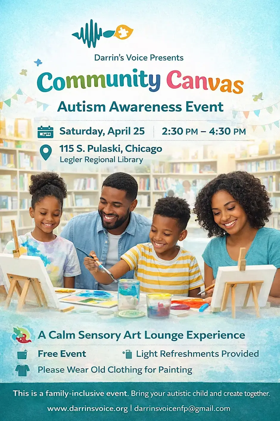 Family painting at Legler Library. Text: "Community Canvas Autism Awareness, April 25, 2:30 PM, 115 S. Pulaski, Chicago."