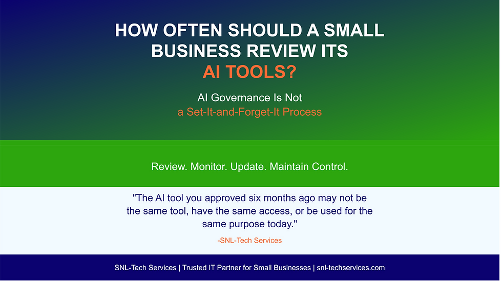 Guide from SNL-Tech Services on how often to review AI tools for small business, including monitoring, permissions, integrations, data access, and governance