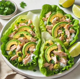 A plate of Chicken Avocado Lettuce Wraps made with shredded rotisserie chicken, diced avocado, Greek yogurt, lime juice, and garlic powder, served on large lettuce leaves. The wraps are garnished with cilantro and lime wedges, offering a fresh and colorful healthy meal.