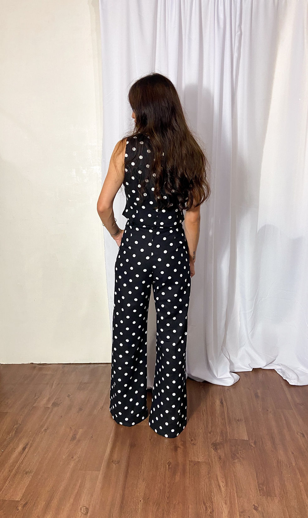 Miniatura: Calça Pantalona Linho Poá Preto