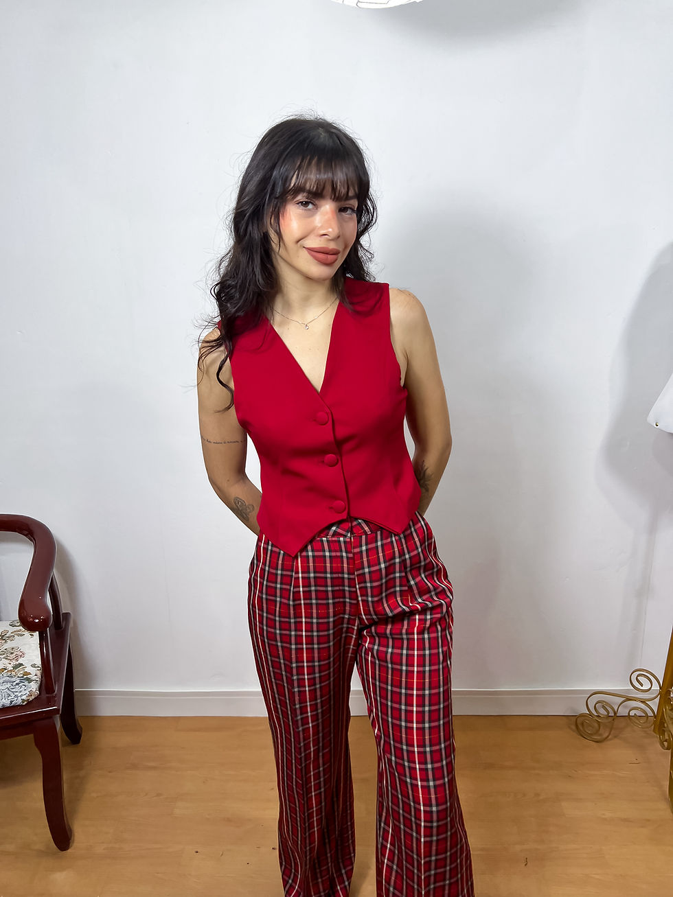 Miniatura: Calça Alfaiataria Pantalona Xadrez Vermelha