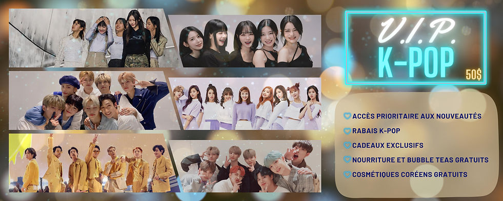 Carte avantage Kpop, cadeaux et early access. Photo de groupe de Kpop a gauche