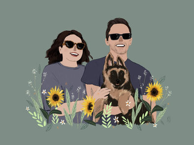 Couple with dog portrait illustration