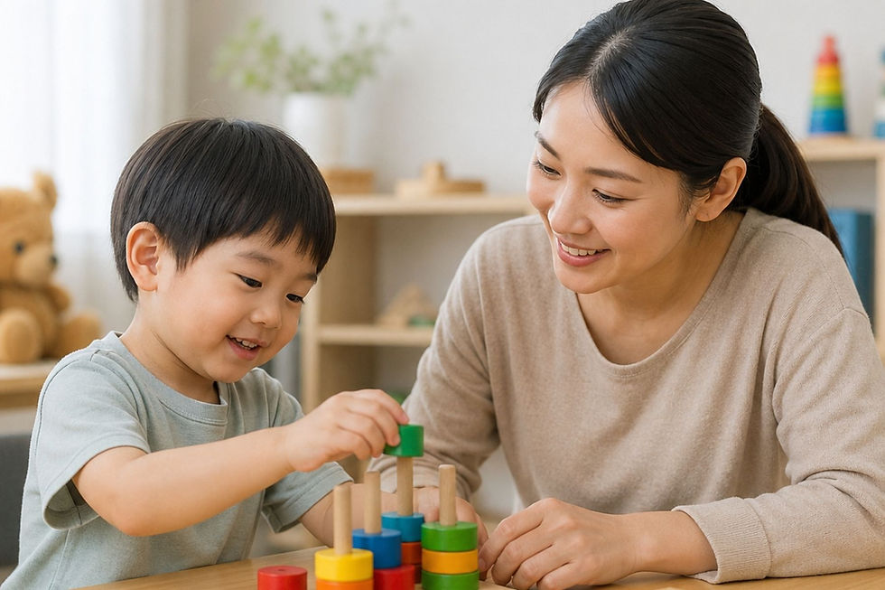A trained clinician supports a young child during center-based ABA therapy, using colorful stacking blocks to build play, lea