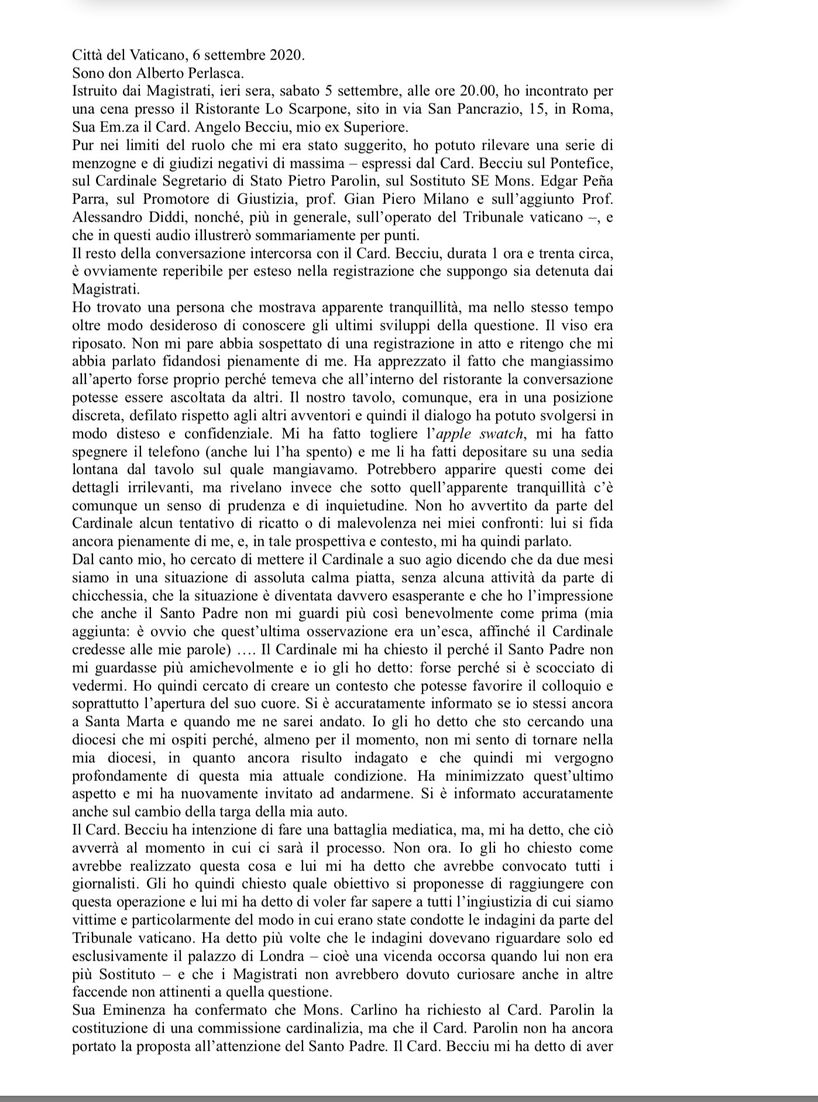 Trascrizione di 3 “podcast” di monsignor Perlasca da lui consegnata al Papa
