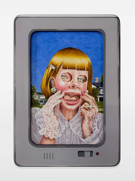 Fair-Weather Friend inhabits the uneasy space between who we are and who we have learned to be for others. Keister’s figures exist within a world of heightened femininity, suburban fantasy, domestic ritual, and manufactured ideals, where beauty, politeness, obedience, and belonging become forms of performance. Drawing from the expectations embedded in family, religion, community, beauty culture, and small-town mythology, the work considers the ways a person can become shaped by the versions of themselves that others project onto them.
The characters in these works hover between make-believe and reality, willingly participating in rituals that are at once comforting and confining. Their environments feel familiar but slightly misremembered. Domestic objects become talismans, women become dolls, and ordinary gestures are exaggerated into strange acts of fidelity. The theatricality of these worlds reflects the instability of identity itself. The line between pretending and becoming is not always clear.
Fair-Weather Friend considers the cost of maintaining an acceptable version of oneself. To abandon the expectations placed upon us can mean abandoning relationships, histories, and even parts of ourselves that once felt genuine. To remain inside those expectations can mean slowly abandoning the self beneath them. In either direction, something is lost. The work asks whether we can ever fully separate the person we are from the person we have been taught to be, and whether self-preservation sometimes requires becoming a stranger to our own reflection.
The title operates as both accusation and question. A fair-weather friend may be someone who stays only when conditions are pleasant, but the phrase can also turn inward: What happens when we offer ourselves acceptance only under certain conditions? When does pleasing others become a form of self-abandonment, and when does choosing oneself become its own kind of betrayal? Within these contradictions, Keister’s figures oscillate between sincerity and artifice, comfort and unease, devotion and delusion. Their worlds are beautiful because they are constructed, and unsettling because the construction is not entirely separate from reality.