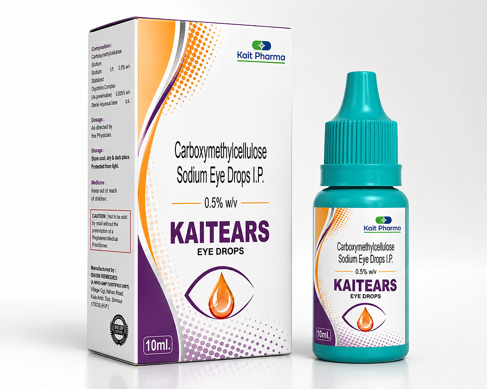 KAITEARS eye drops packshot on white background, medical blue and green accents, portrait pack image
